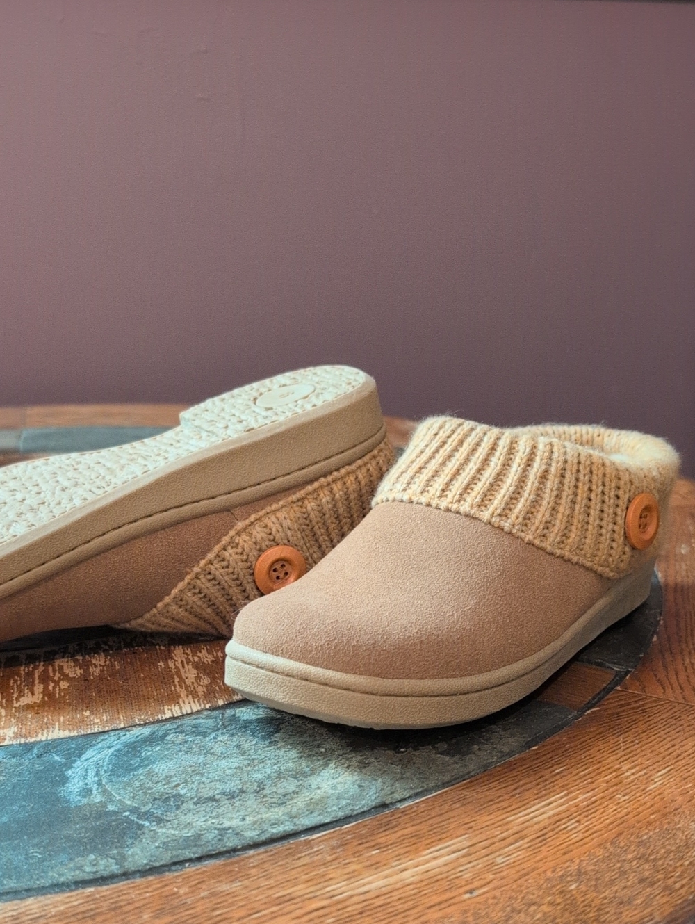 Plush Knit-Cuff Slip-On Slippers in Tan